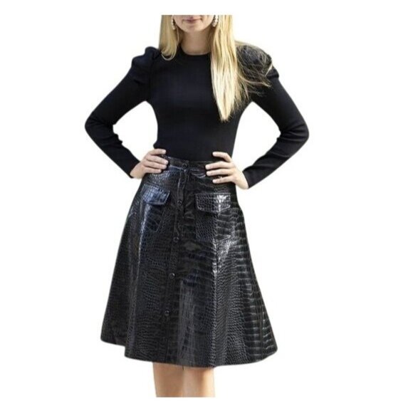 Apparalel Black Croc Vegan Modesty Leather Goth Swing Mini Skirt S - Picture 1 of 11
